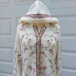 NWT Size XL Lucia-Burns Hooded Cardigan sweater, Embroidered floral design.
